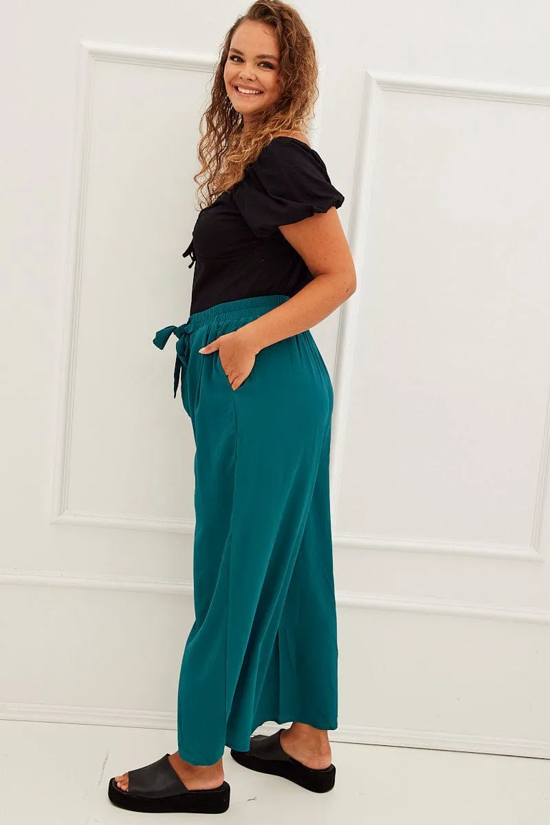 Green High Waist Wide Leg Crepe Pants