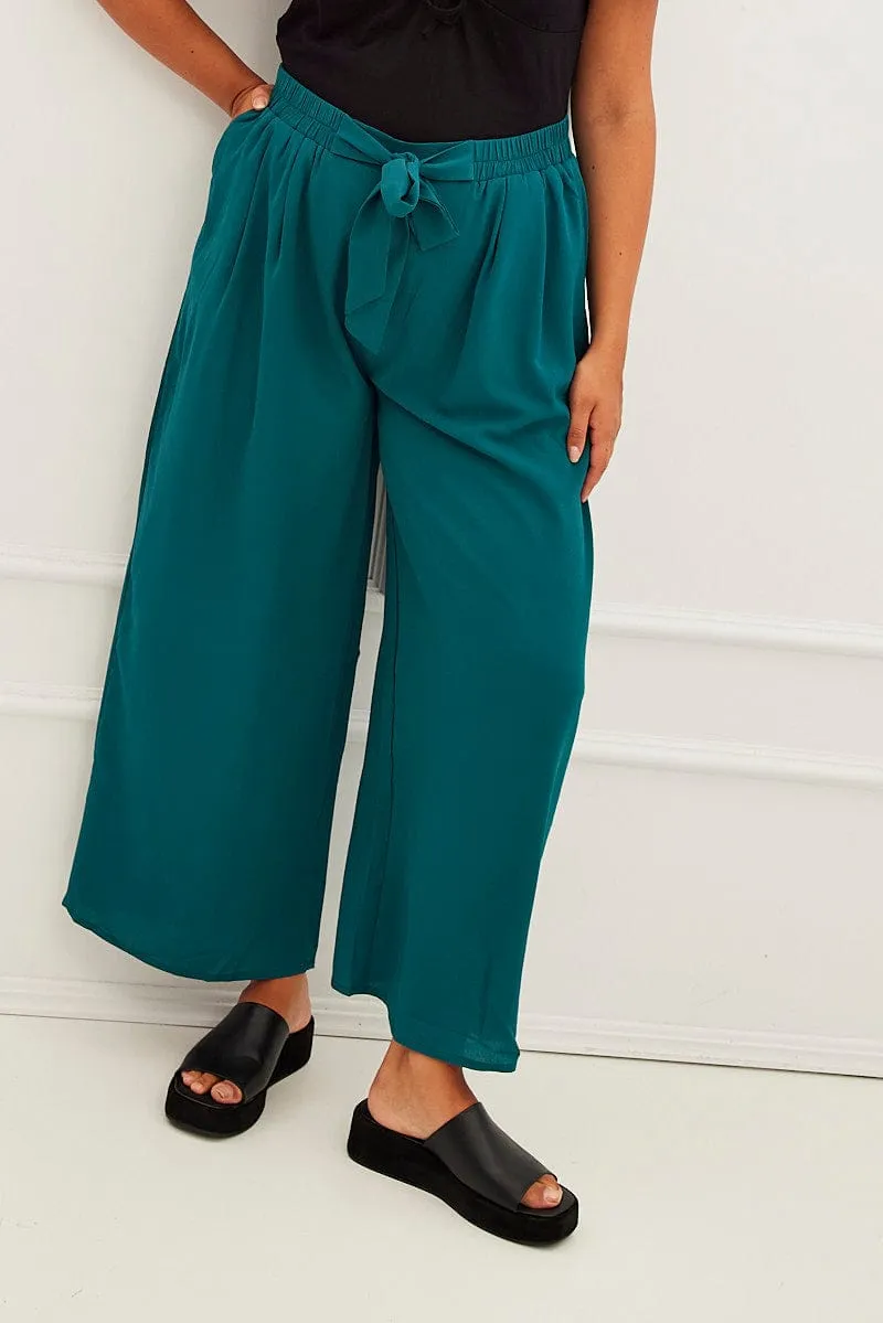 Green High Waist Wide Leg Crepe Pants