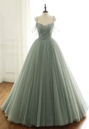 Green Tulle Long Prom Dresses, A-Line Spaghetti Straps Evening Dresses