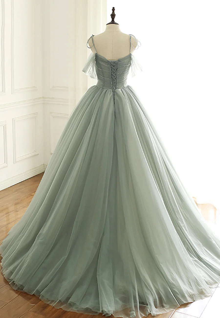 Green Tulle Long Prom Dresses, A-Line Spaghetti Straps Evening Dresses