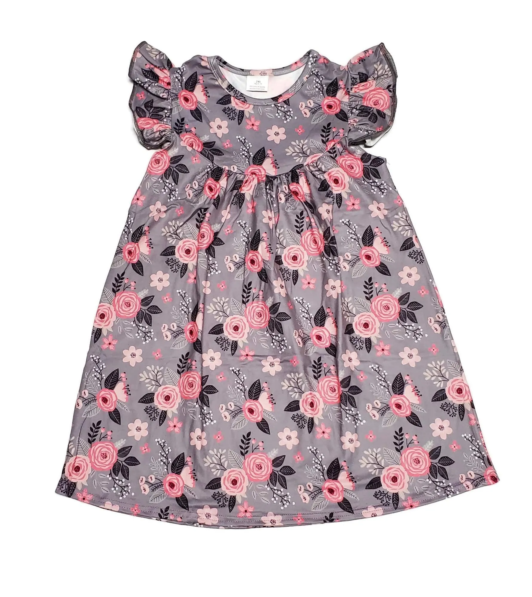 Grey and Pink Floral Milk Silk Flutter Dress