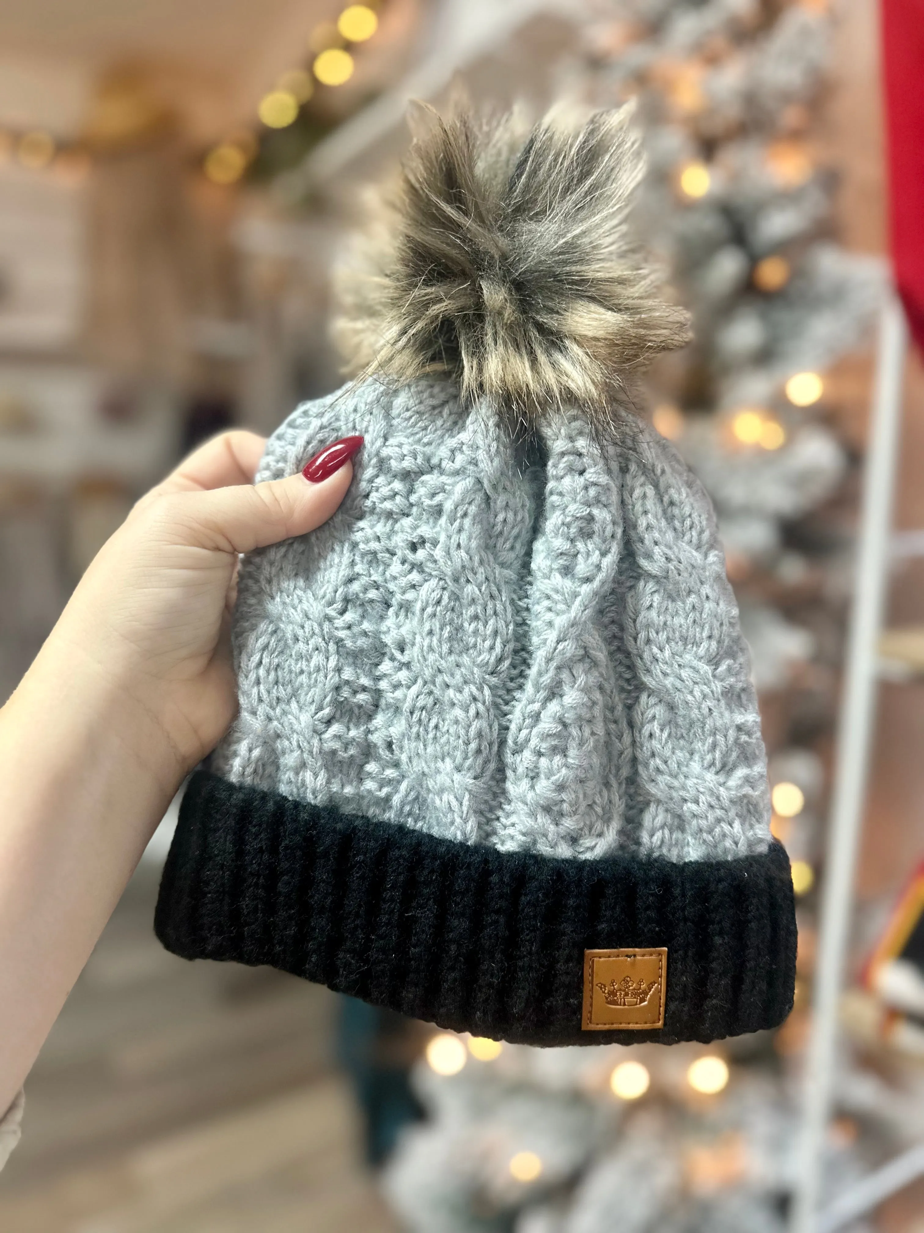 Grey Cable Knit W/ Black Cuff Pom Hat