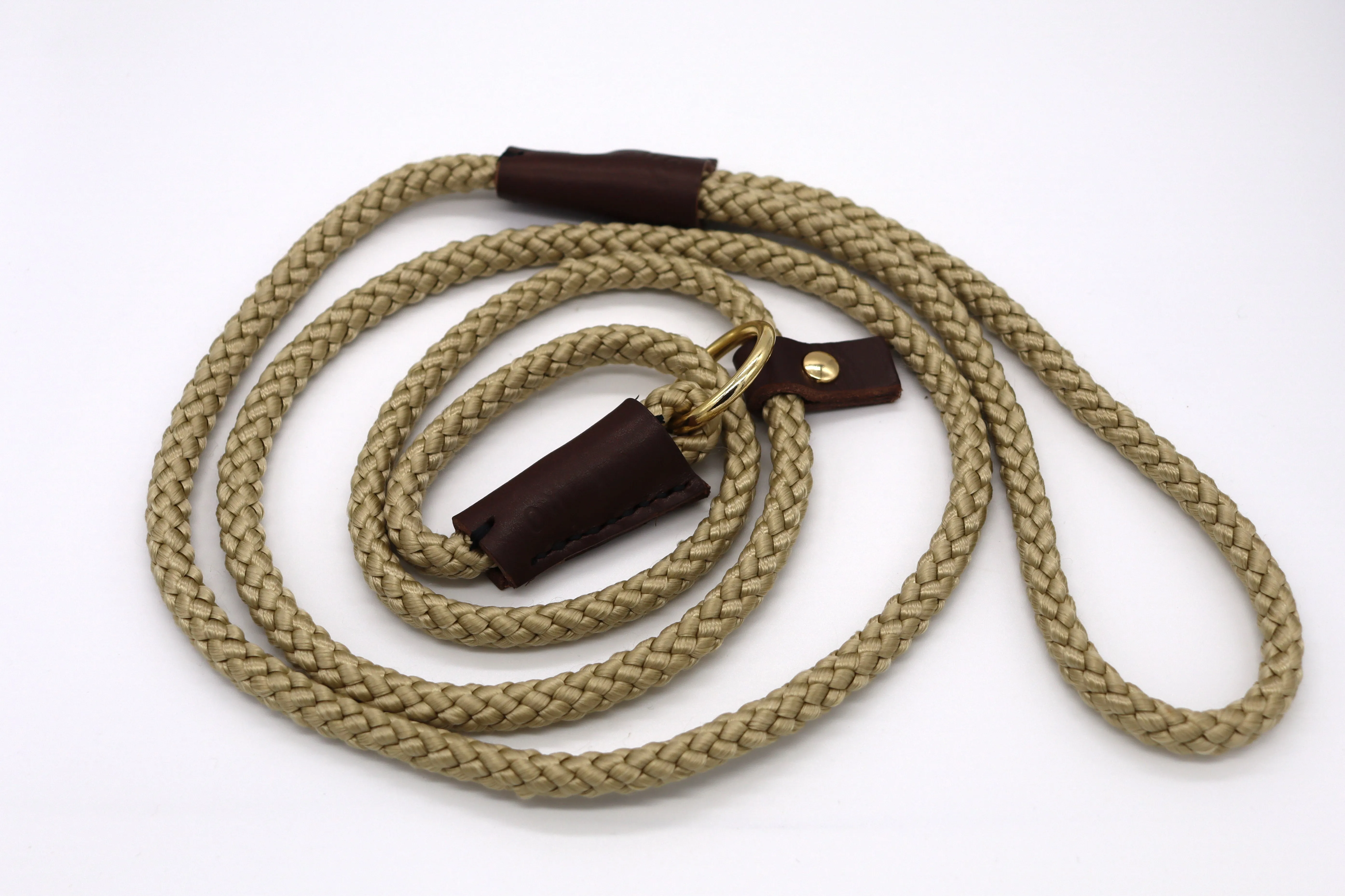 Handmade Slip Lead - Sand Rope with Leather and Brass