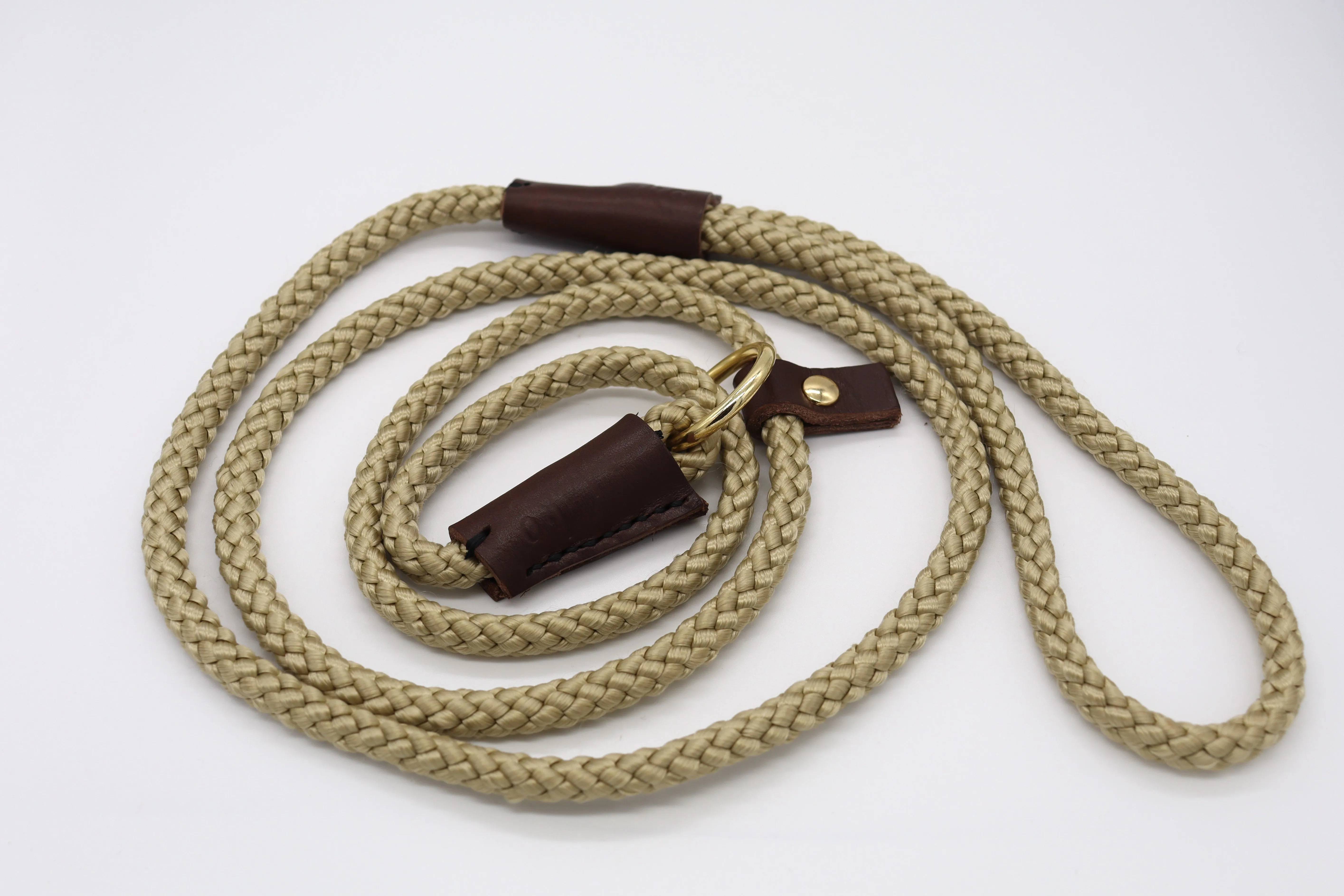 Handmade Slip Lead - Sand Rope with Leather and Brass