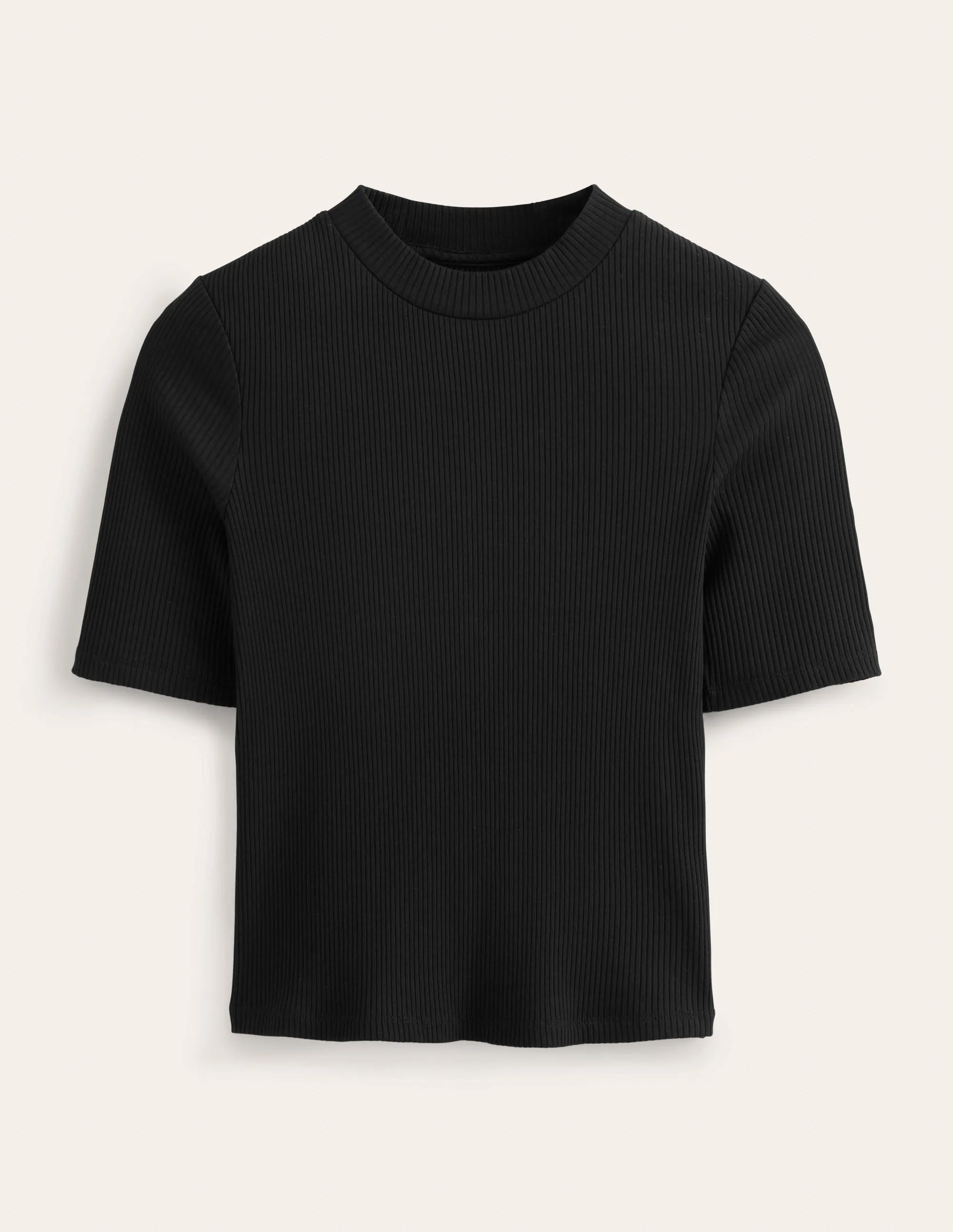 High Neck Ribbed Top-Black