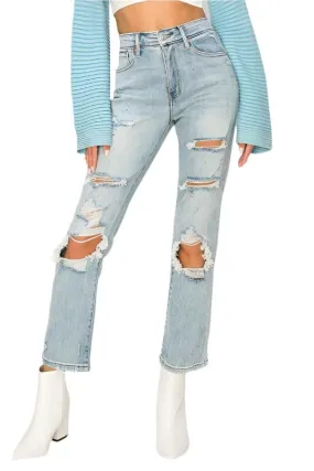 High Rise Distressed Straight Jeans