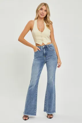 HIGH RISE VINTAGE FRAYED HEM FLRE JEANS