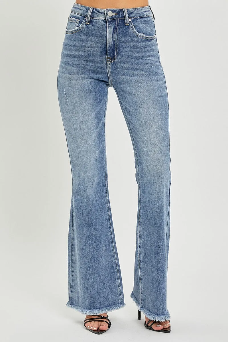 HIGH RISE VINTAGE FRAYED HEM FLRE JEANS