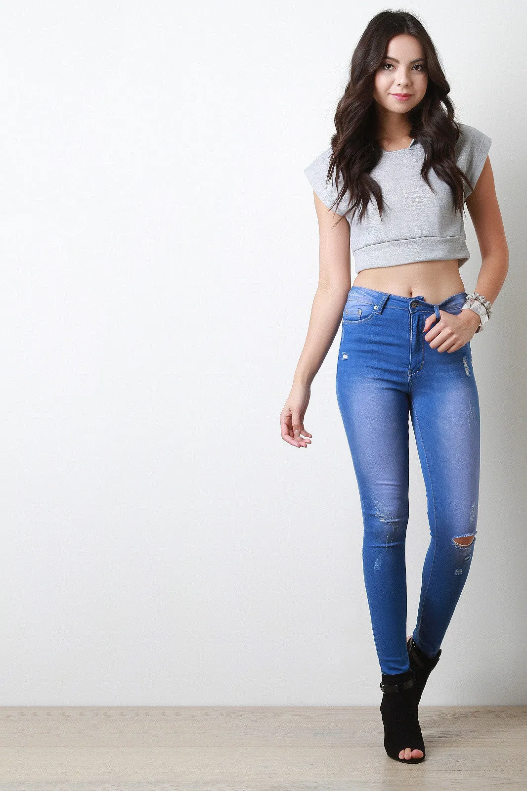 High Waist Distressed Skinny Denim Pants