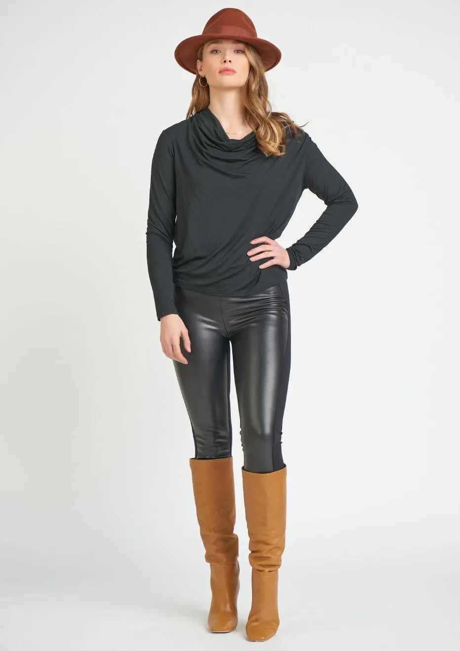 High Waist Half Leather Half Knit Legging | Black