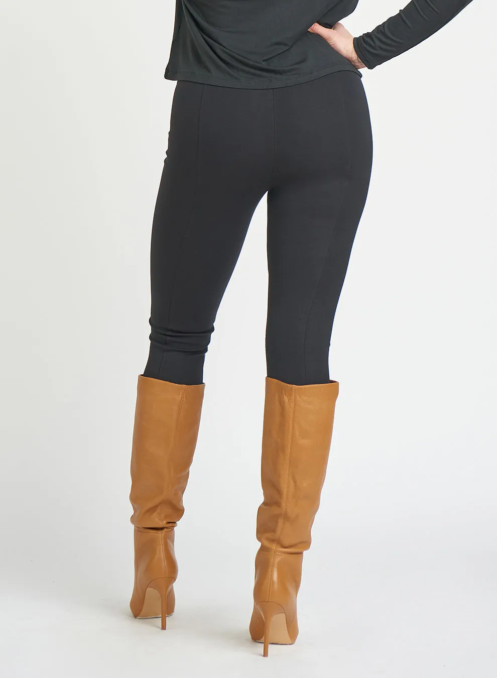 High Waist Half Leather Half Knit Legging | Black