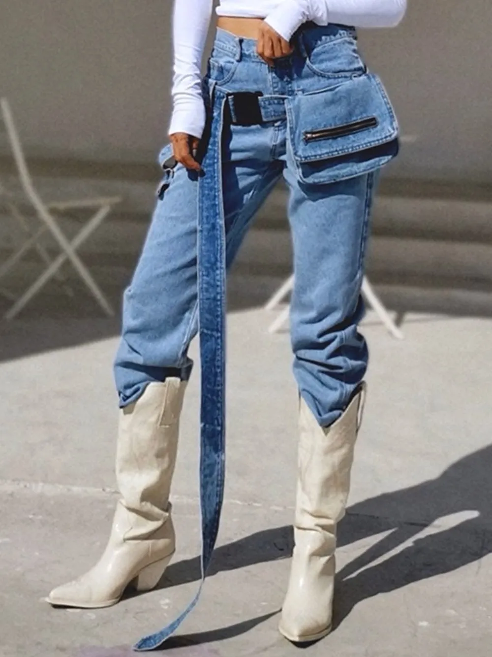 High Waist Loose Sashes Jeans