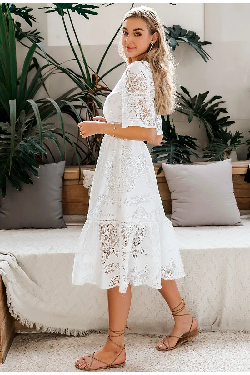 Hollow Out Lace V-Neck High Waist Ruffled Summer Slim Fit Boho Dress