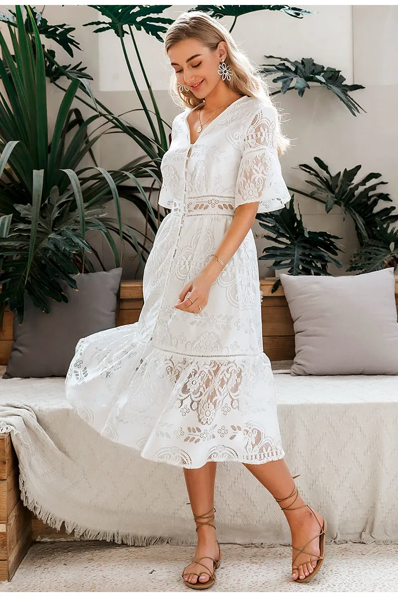 Hollow Out Lace V-Neck High Waist Ruffled Summer Slim Fit Boho Dress