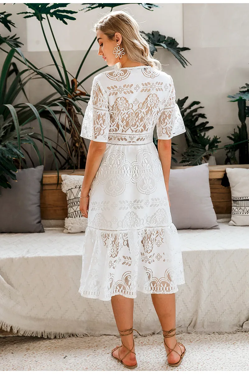 Hollow Out Lace V-Neck High Waist Ruffled Summer Slim Fit Boho Dress