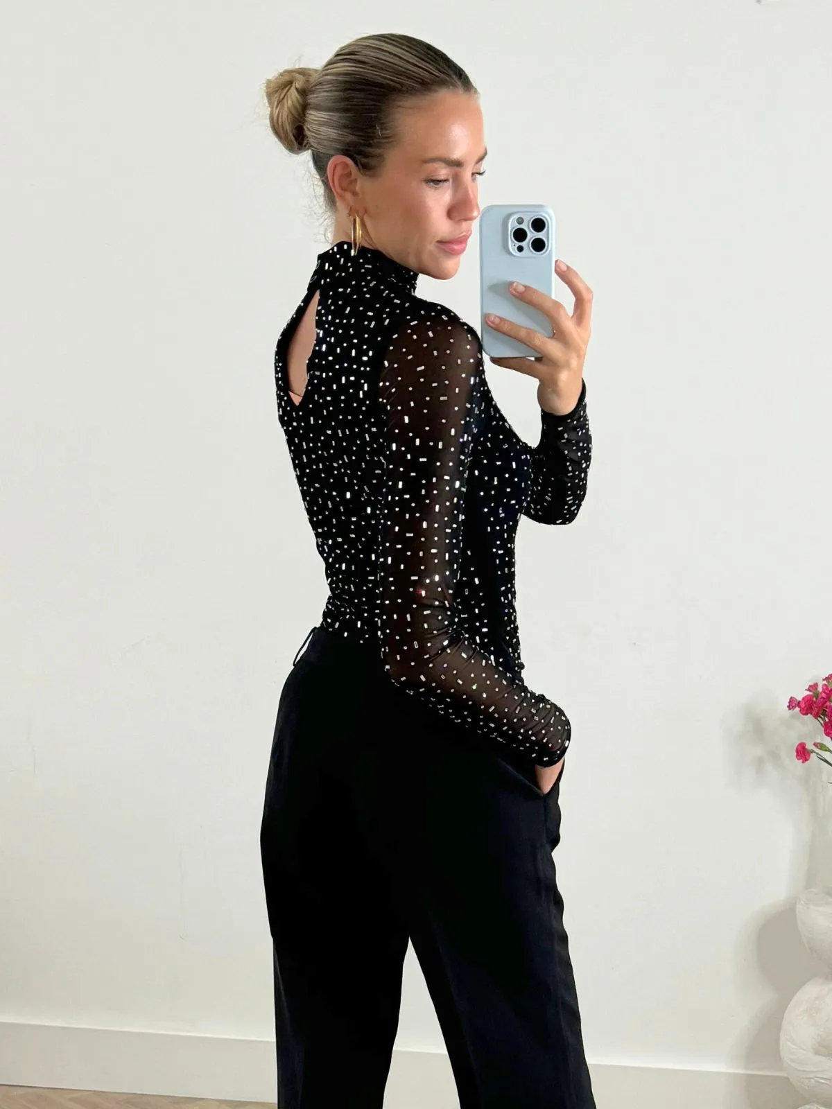 Izzi Rhinestone High Neck Mesh Bodysuit in Black