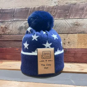 Jess & Lou Unisex Navy Star Cosy Bobble Hat HL760