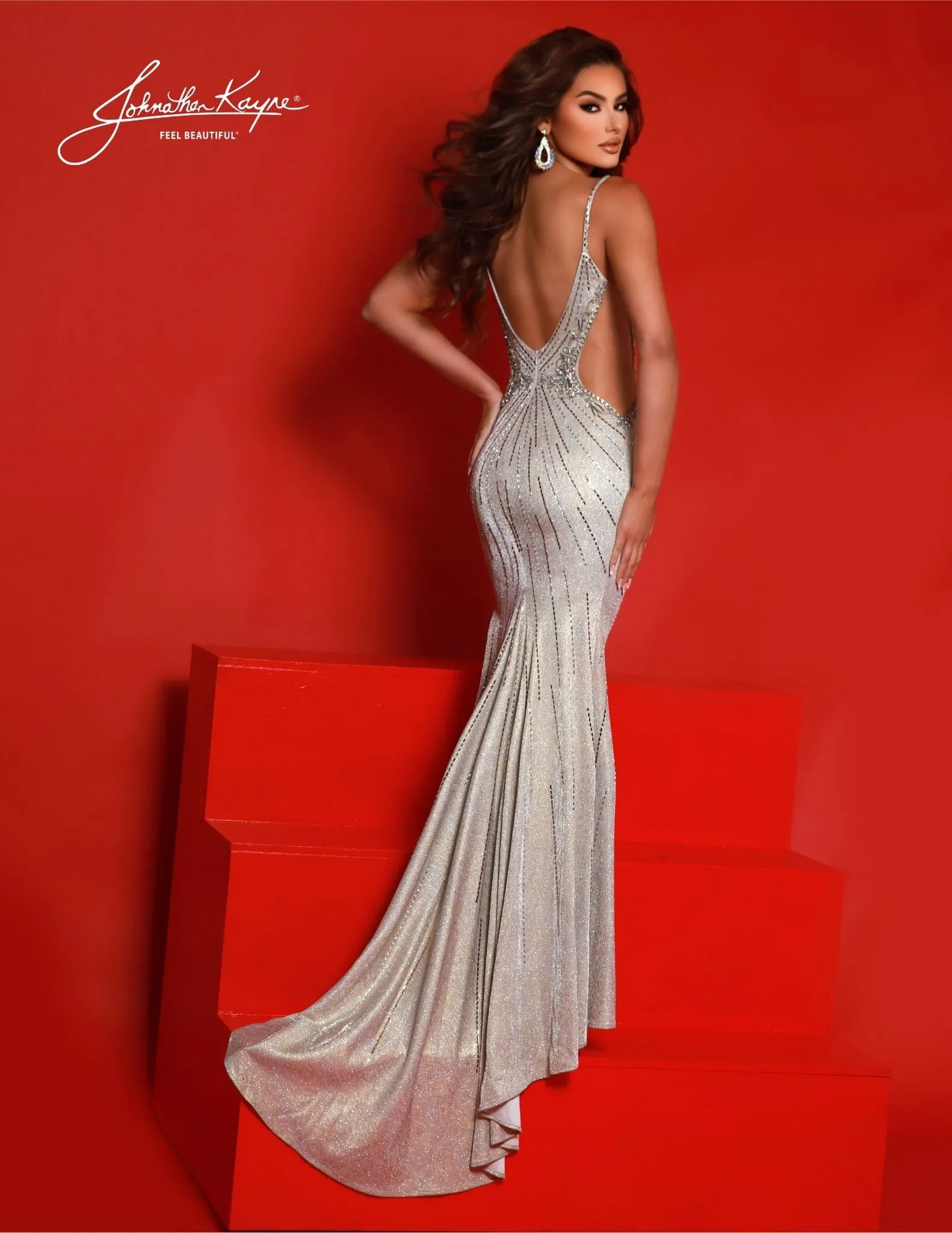 Johnathan Kayne 2850 Long Prom Dress Metallic V-Neck Side Cut Outs Backless Maxi Slit Glitter Knit Mesh Formal Pageant Gown