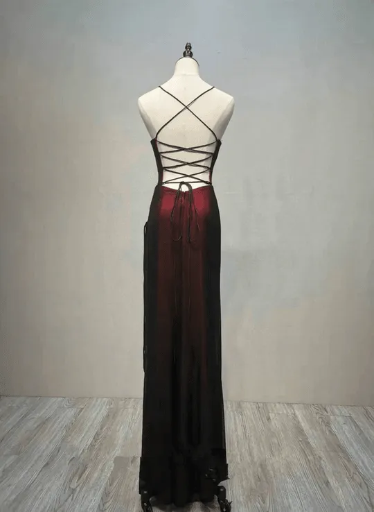 kamahe Black and Red Straps Long Simple Party Dress, Black and Red Prom Dress