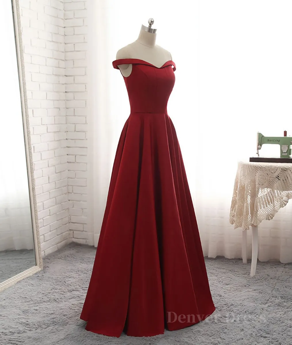 kamahe Simple burgundy off shoulder long prom dress, burgundy evening dress