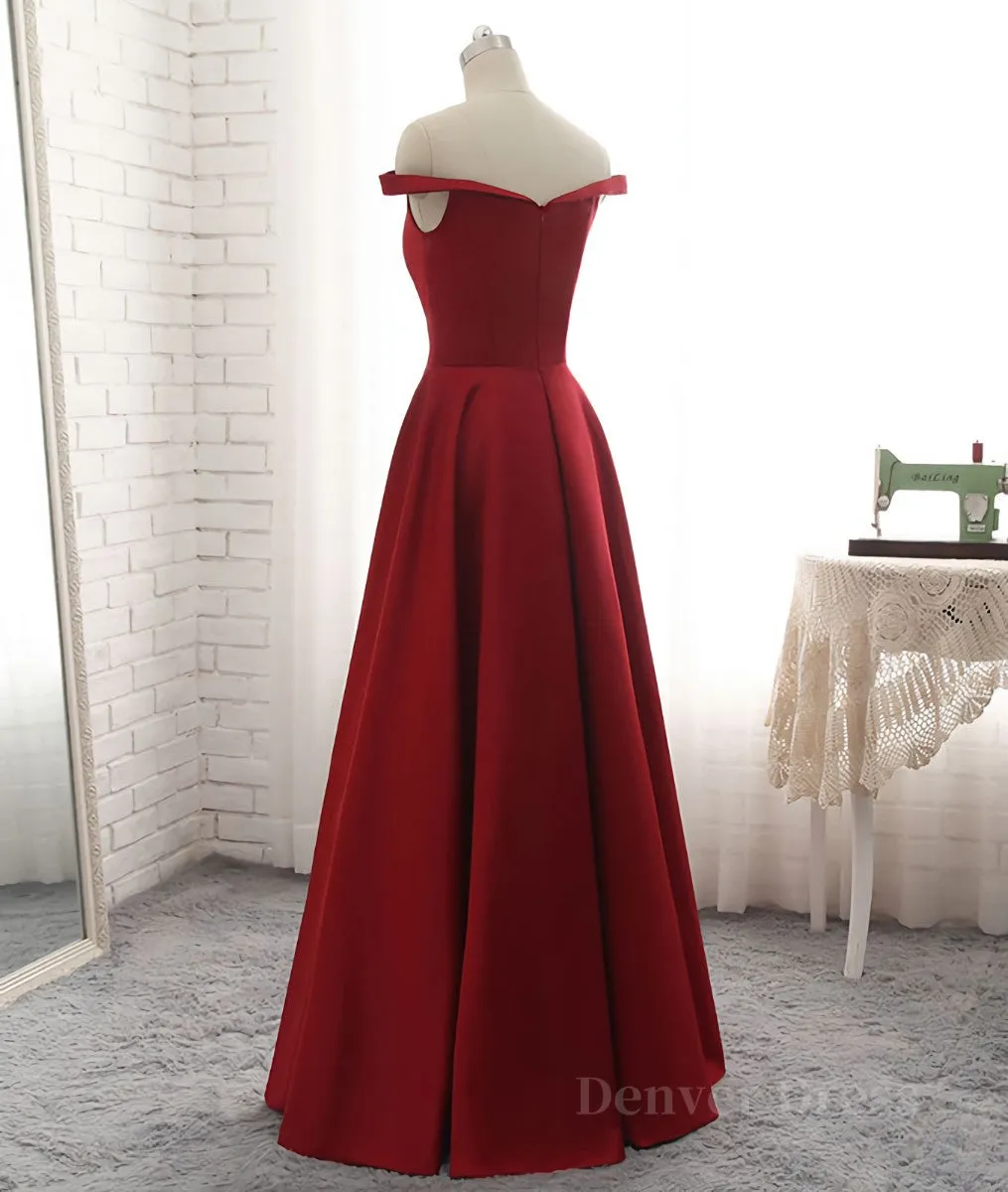 kamahe Simple burgundy off shoulder long prom dress, burgundy evening dress