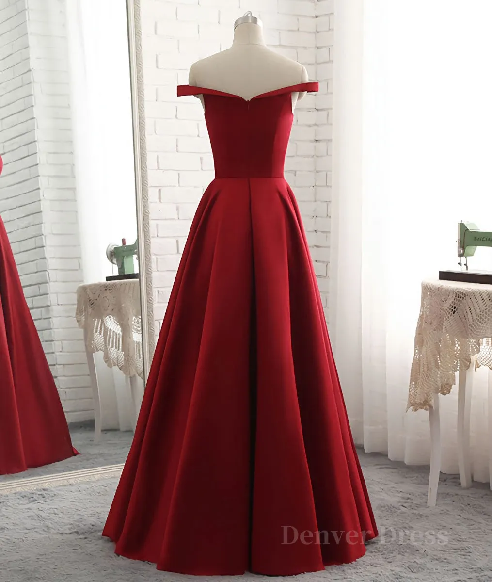 kamahe Simple burgundy off shoulder long prom dress, burgundy evening dress