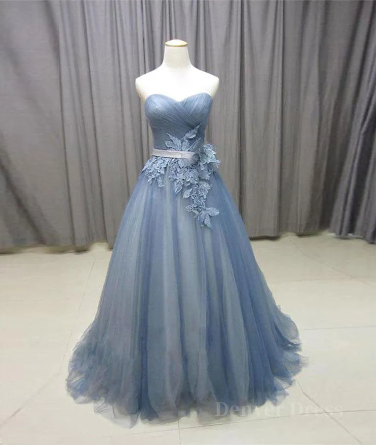 kamahe Simple gray blue tulle lace applique long prom dress, tulle evening dress