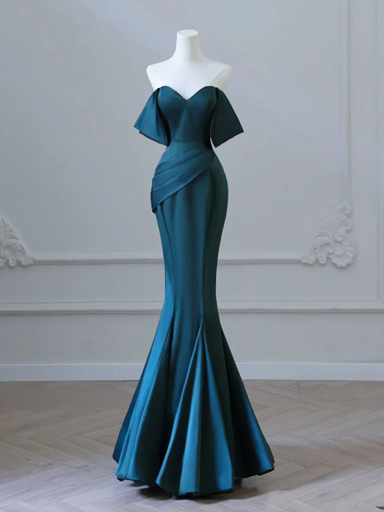 kamahe Simple Off Shoulder Satin Ink Blue Long Prom Dress, Ink Blue Long Formal Dress