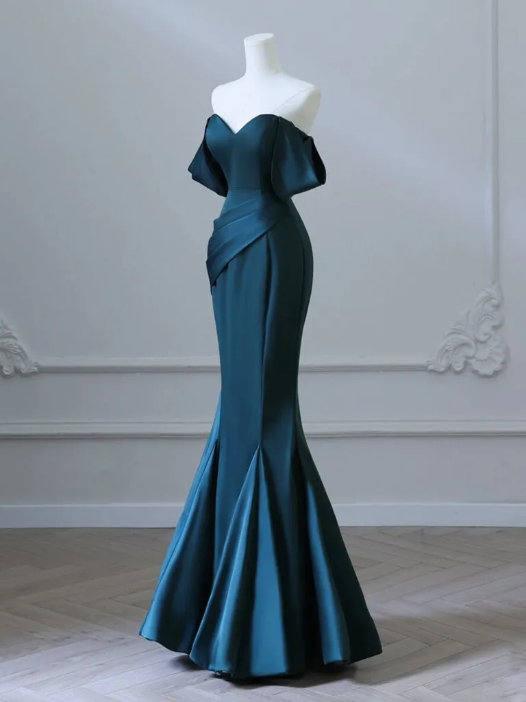 kamahe Simple Off Shoulder Satin Ink Blue Long Prom Dress, Ink Blue Long Formal Dress