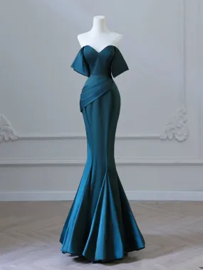 kamahe Simple Off Shoulder Satin Ink Blue Long Prom Dress, Ink Blue Long Formal Dress