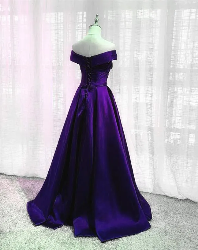 kamahe Simple Off Shoulder Satin Long Prom Dress, Dark Purple Party Dress Evening Gown