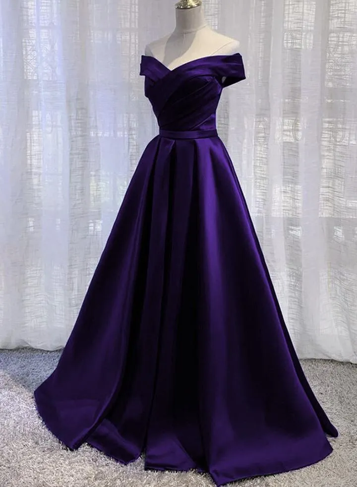 kamahe Simple Off Shoulder Satin Long Prom Dress, Dark Purple Party Dress Evening Gown