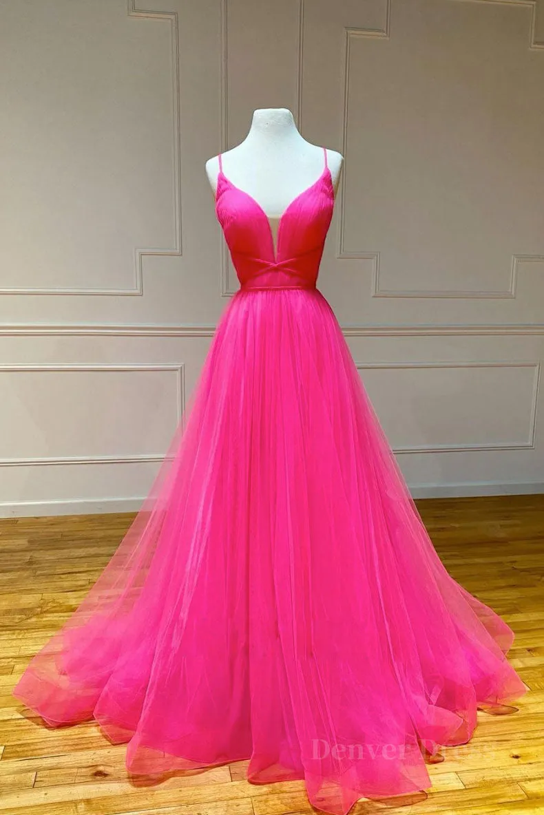 kamahe Simple pink v neck tulle long prom dress pink formal dress