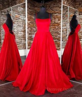 kamahe Simple red satin long prom dress, red backless long evening dress