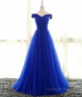 kamahe Simple sweetheart tulle blue long prom dress, blue evening dress