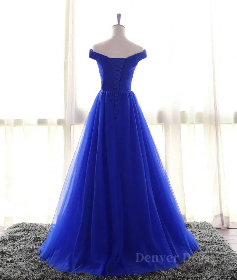 kamahe Simple sweetheart tulle blue long prom dress, blue evening dress