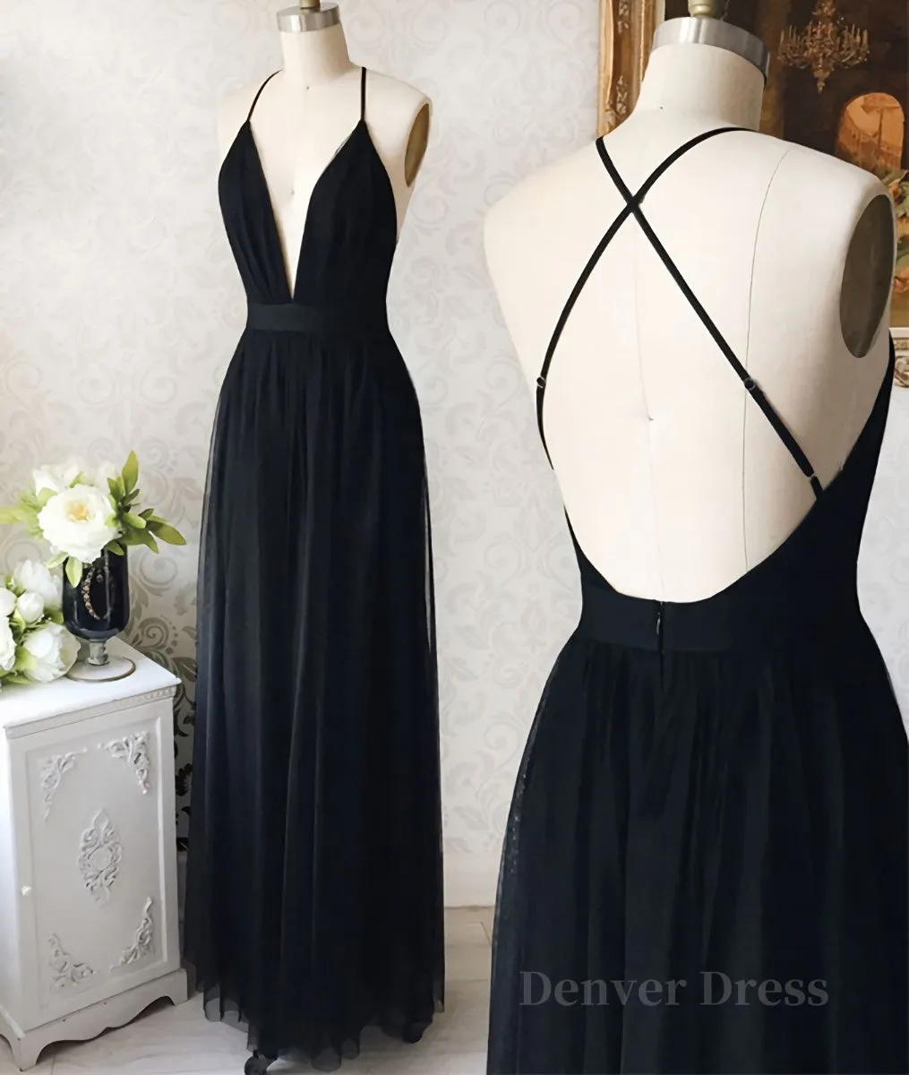 kamahe Simple v neck black tulle long prom dress, black evening dress