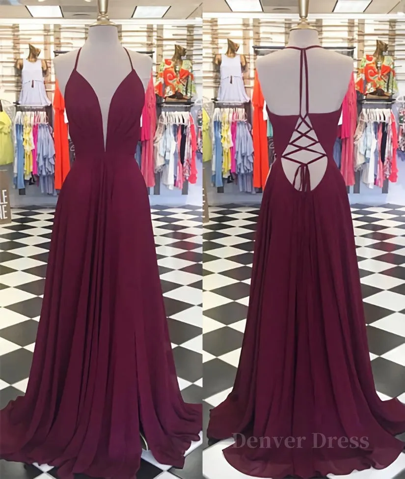 kamahe Simple v neck chiffon backless long prom dress, Burgundy evening dress