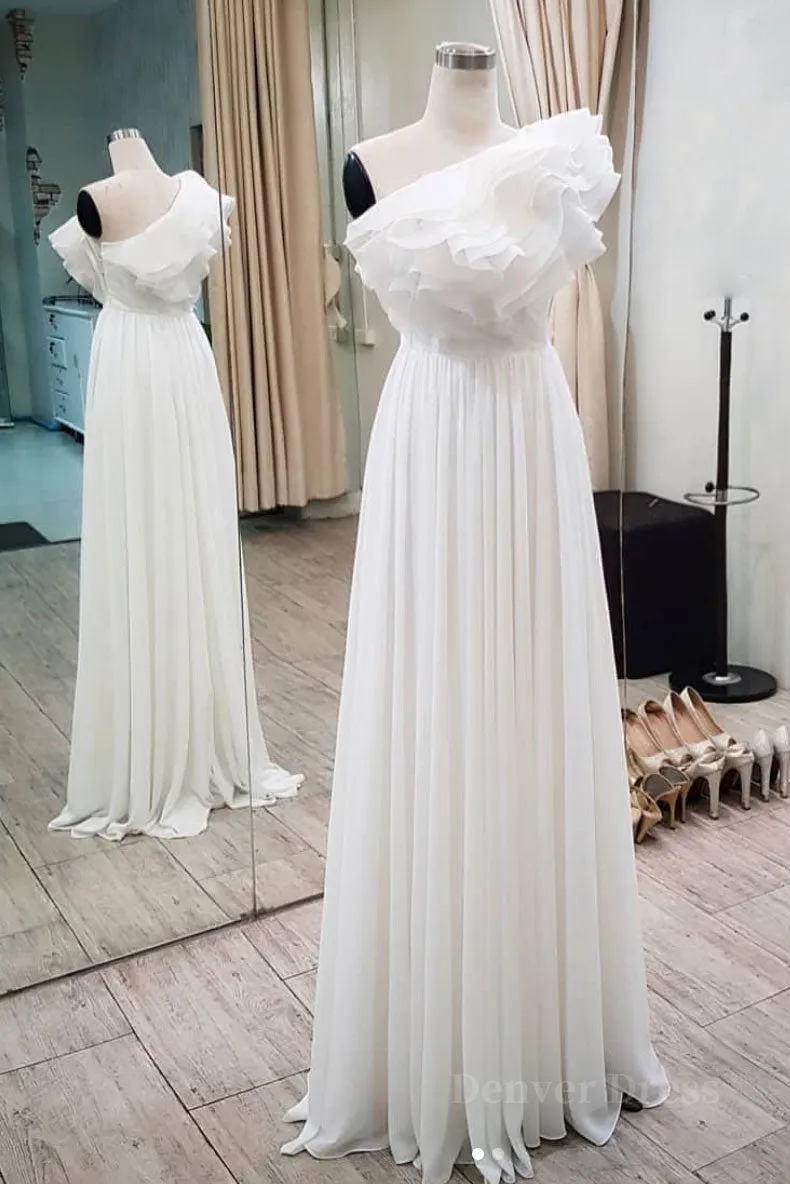 kamahe Simple white chiffon long prom dress, white evening dress