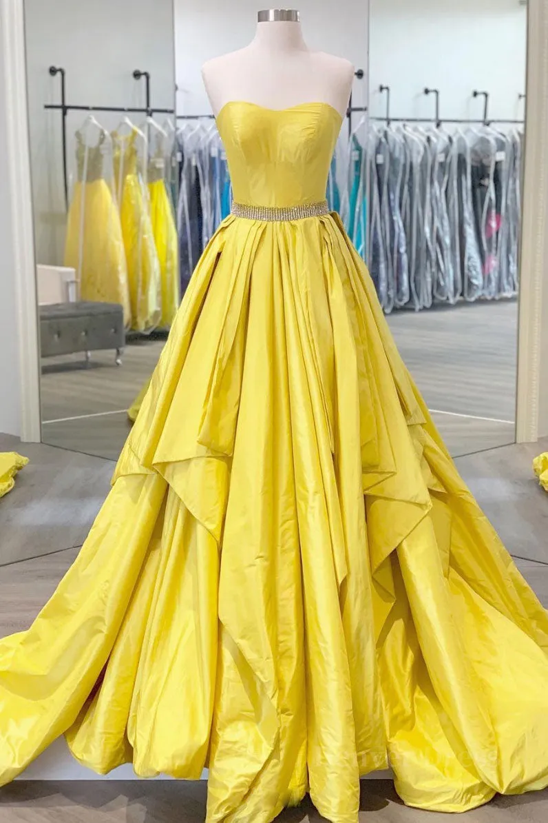 kamahe Simple yellow satin long prom dress yellow evening dress