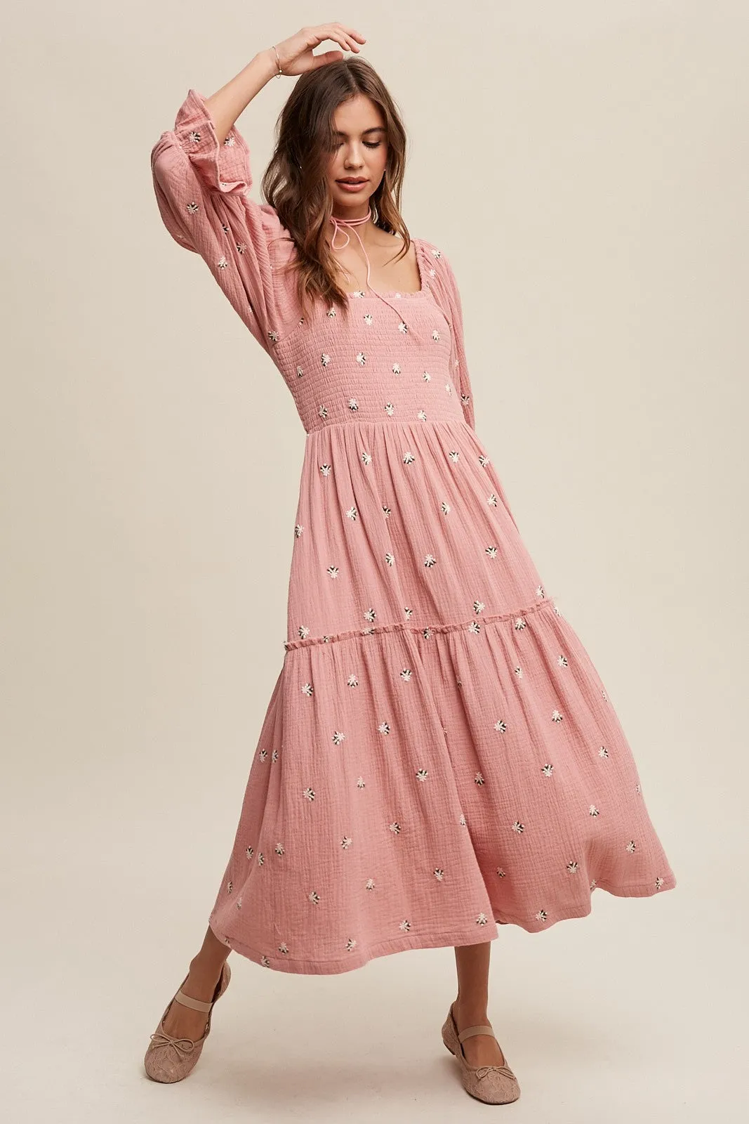 Karina Smocked Floral Midi Dress - Rose