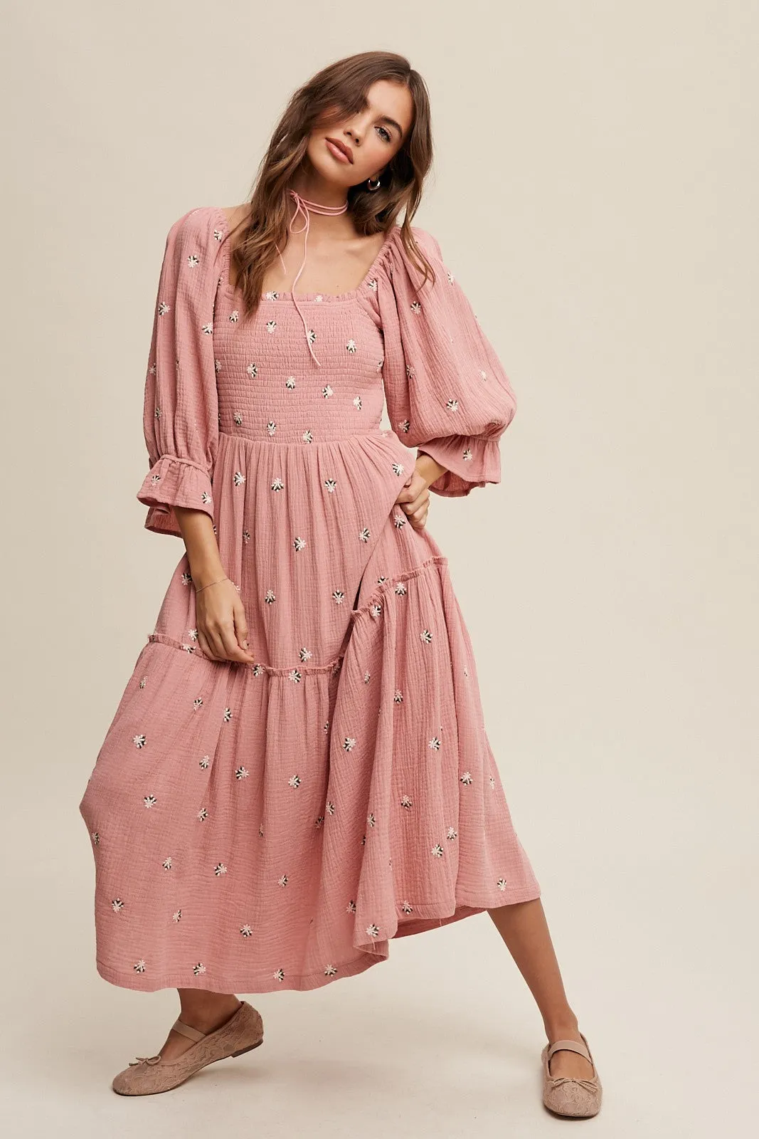 Karina Smocked Floral Midi Dress - Rose