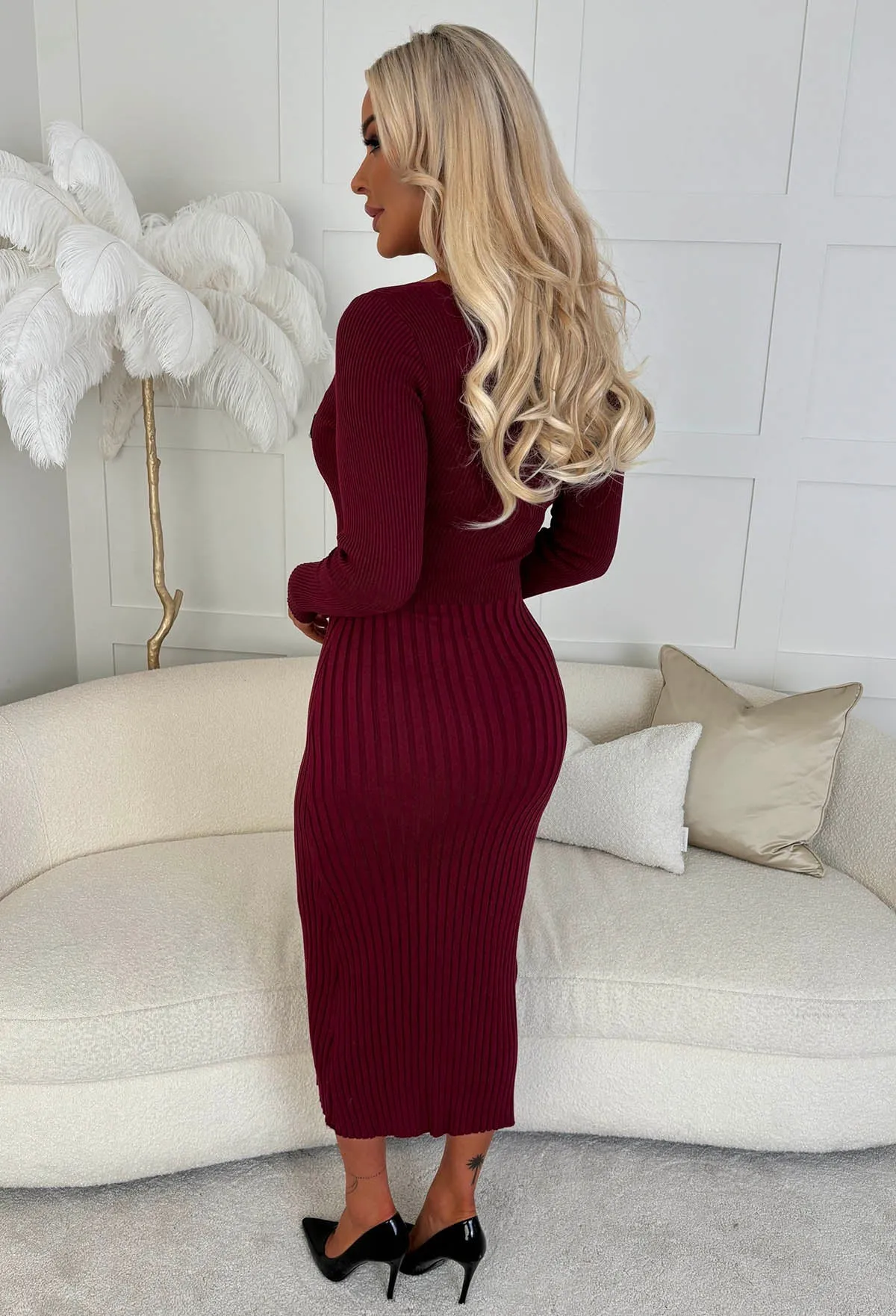 Kimmy Wine Rib Knit Button Detail Midi Dress