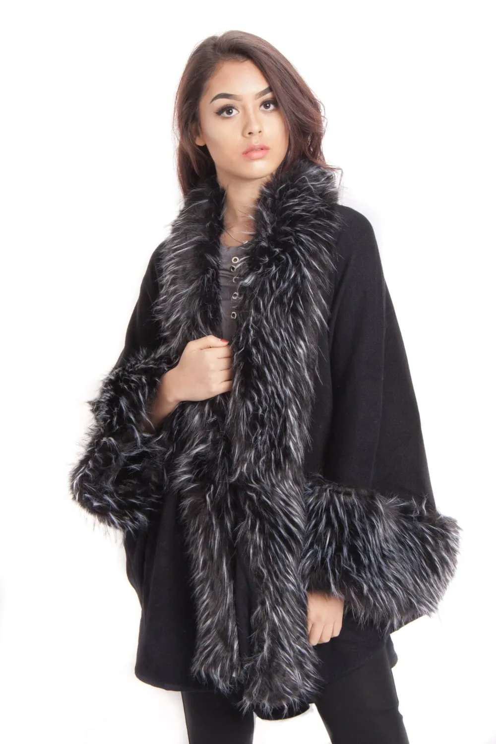 Knitted Faux Fur trim sleeve Poncho Cape