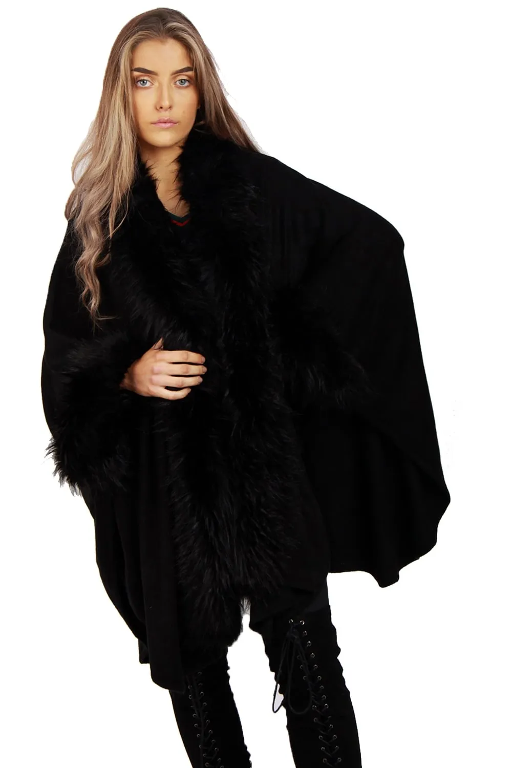 Knitted Faux Fur trim sleeve Poncho Cape