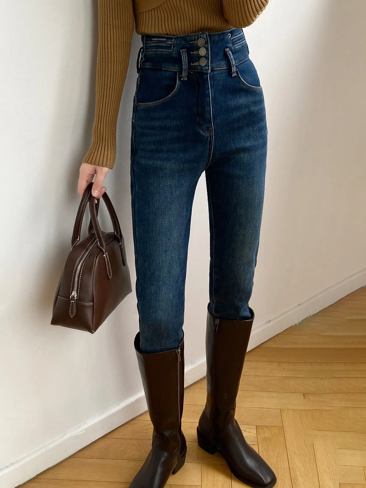 [Korean Style] Fleeced High Waist Button Skinny Jeans