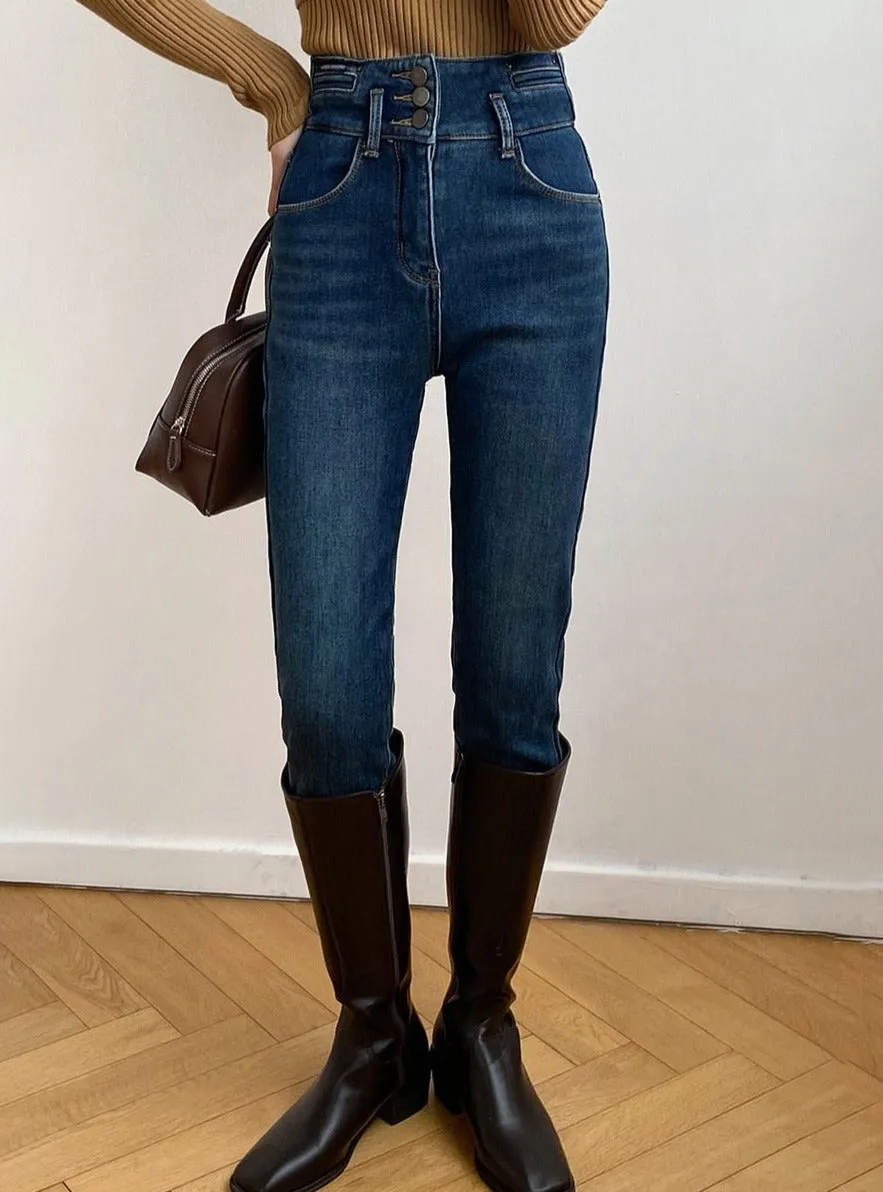 [Korean Style] Fleeced High Waist Button Skinny Jeans