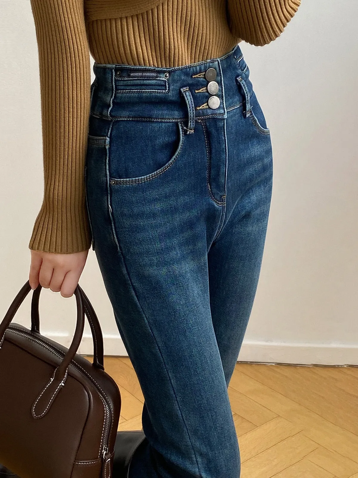 [Korean Style] Fleeced High Waist Button Skinny Jeans