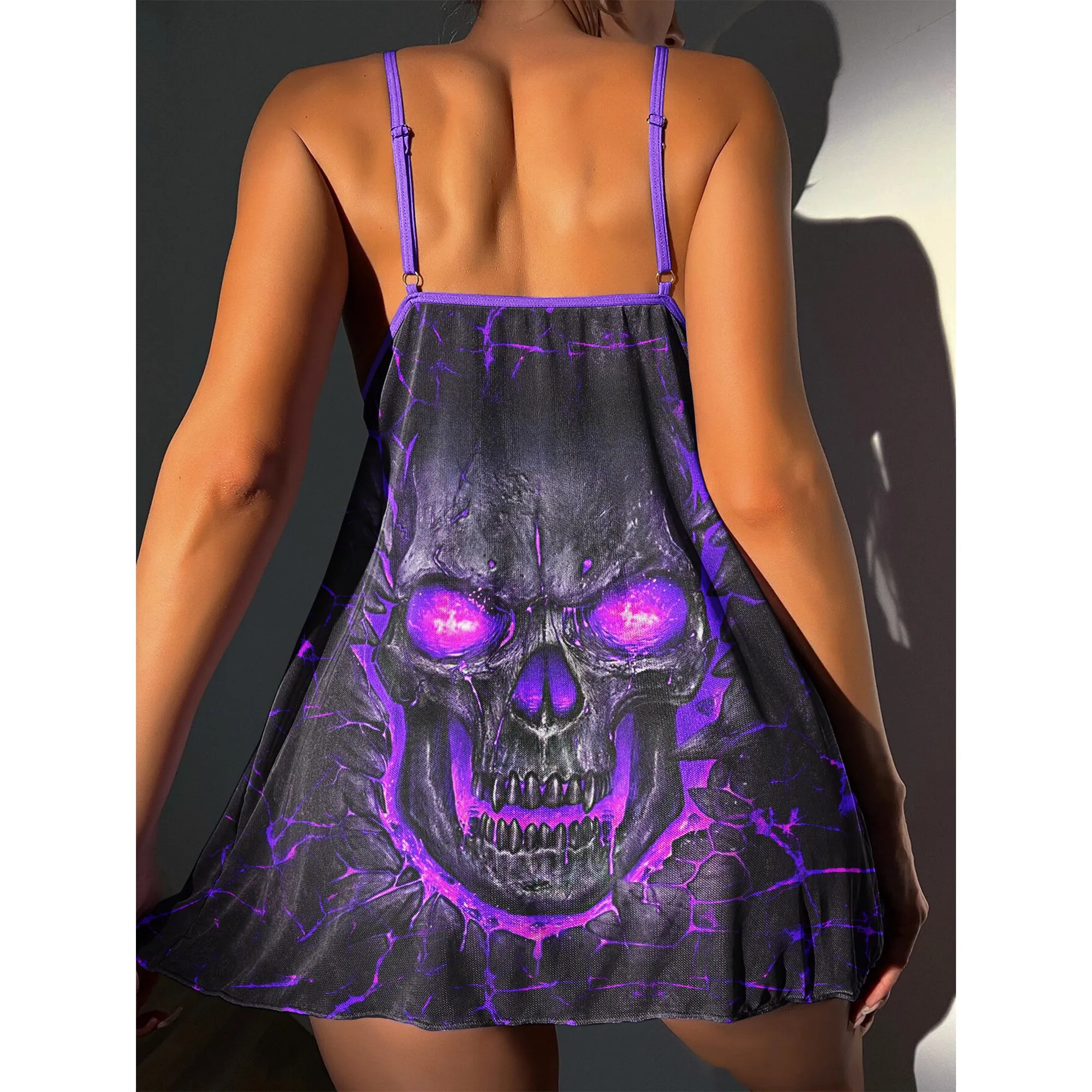 Lace Babydoll Lingerie Set For Women, Skull Purple Open Front Sleepwear Halter Nighty Chemise