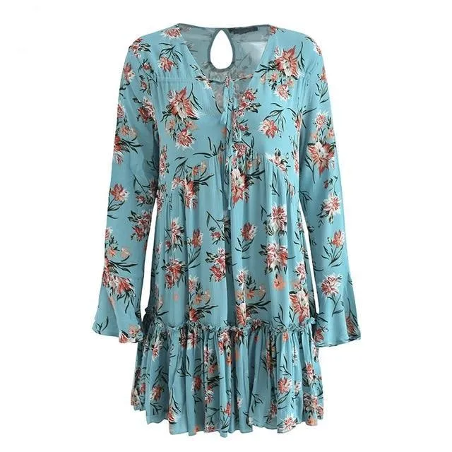 Lace Up Floral Print Long Sleeve Ruffle Dress